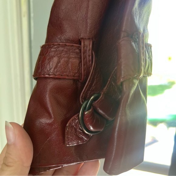 Long Women's Oxblood Leather Trench Coat 70’s Belted Small - Picture 3 of 8